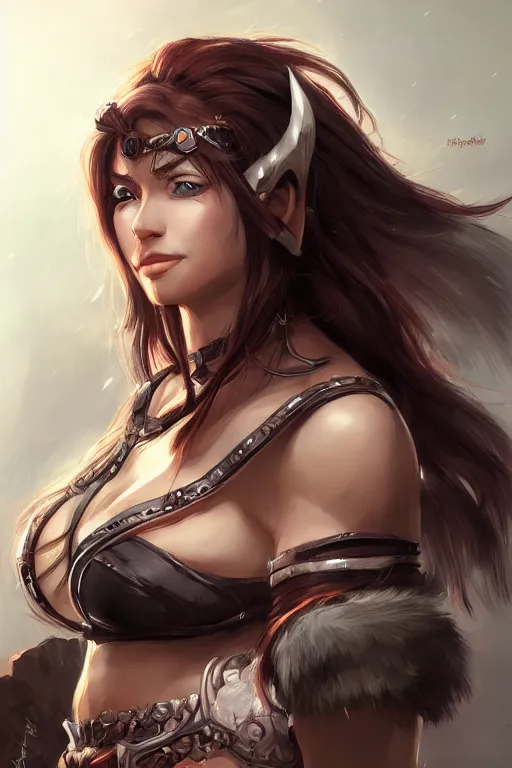 Prompt: portrait of a barbarian female, ultra sharp, very detailed, high quality focus by rossdraws