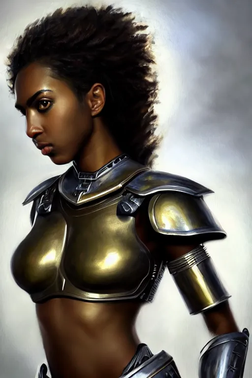 Image similar to a photorealistically painted portrait of an attractive young black girl, partially clothed in metal-plated battle armor, with an abstractly painted background, flawless olive skin, fair complexion, long dark hair, beautiful bone structure, perfectly symmetric facial features, perfect photorealistic eyes, natural physique, intricate, elegant, digital painting, concept art, finely detailed, beautifully illustrated, sharp focus, minimal artifacts, volumetric lighting, from DOOM and Halo, by Ruan Jia and Mandy Jurgens and Artgerm and William-Adolphe Bouguerea, in the style of Greg Rutkowski, trending on Artstation, award winning art