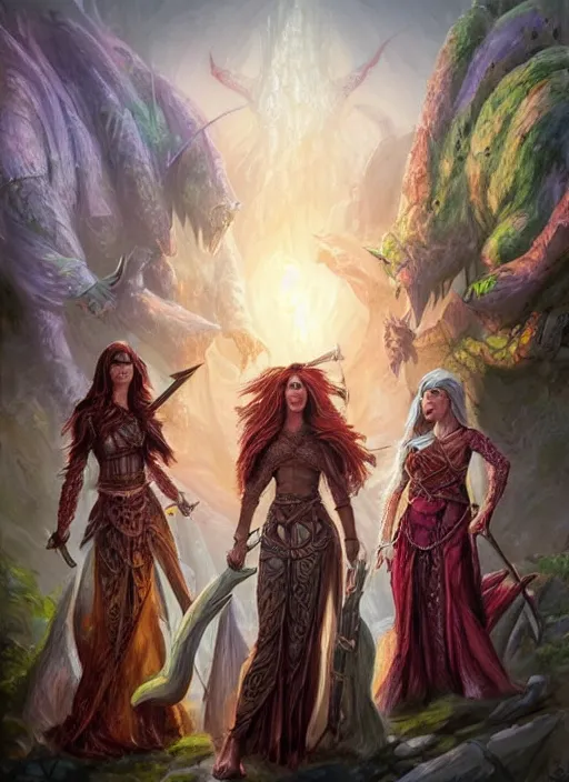 Image similar to three fates, ultra detailed fantasy, dndbeyond, bright, colourful, realistic, dnd character portrait, full body, pathfinder, pinterest, art by ralph horsley, dnd, rpg, lotr game design fanart by concept art, behance hd, artstation, deviantart, hdr render in unreal engine 5