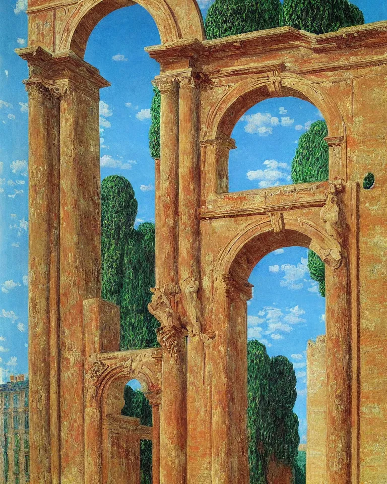 Prompt: achingly beautiful painting of intricate ancient roman arch on coral background by rene magritte, monet, and turner. giovanni battista piranesi.