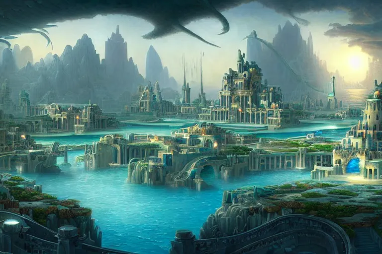 Image similar to a beautiful complex insanely detailed matte painting of the magical city of Atlantis by Heironymous Bosch and Tyler Edlin