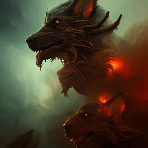 Image similar to majestic terrifying cerberus portrait, gates of hades, atmospheric lighting, painted, menacing, intricate, volumetric lighting, beautiful, rich deep colours masterpiece, golden hour, sharp focus, ultra detailed, by leesha hannigan, ross tran, thierry doizon, kai carpenter, ignacio fernandez rios