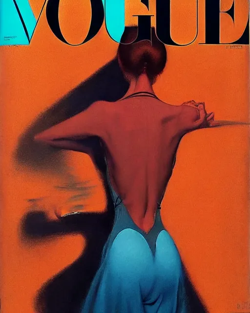 Prompt: vogue cover by francis bacon and norman rockwell and james jean, surreal, greg hildebrandt, and mark brooks, triadic color scheme, by greg rutkowski, syd mead and edward hopper and norman rockwell and beksinski, lingerie, dark surrealism, orange and turquoise