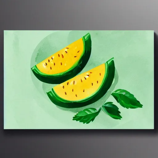 Image similar to retro, hd illustration of watermelons and lemons, mint leaves, inspired by watercolor masterpieces, matisse, colorful, happy, trending on artstation, 4 k