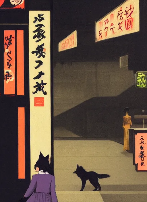 Image similar to woman with cat ears riding a black wolf on the night street of Tokyo by Edward Hopper and James Gilleard, highly detailed