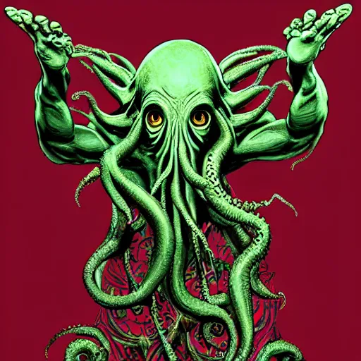 Image similar to 4K headshot of godlike Cthulhu with defined arms and open hands and bloody clothes with giant mandala wings , intricate face , flawless anime cel animation by Kentaro Miura, psychedelic , highly detailed upper body , professionally post-processed , beautiful, scary, symmetry accurate features, epic, octane rendered, anime masterpiece, accurate