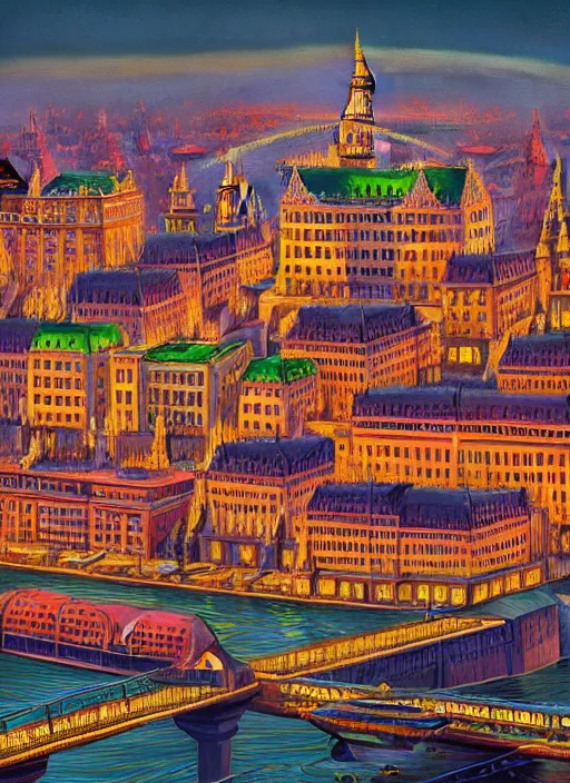 Image similar to hyper detailed 3d render like an Oil painting - Budapest by Jacek Yerka, Mariusz Lewandowski, Houdini algorithmic generative render, Abstract brush strokes, Masterpiece, Edward Hopper and James Gilleard, Zdzislaw Beksinski, Mark Ryden, Wolfgang Lettl, hints of Yayoi Kasuma, octane render, 8k