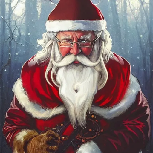 Prompt: santa claus wearing a viking helmet, art by artgerm, greg rutkowski and alphonse mucha