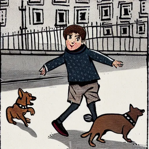 Image similar to book illustration of a french boy on the streets of paris playing football against a corgi, the dog is wearing a polka dot scarf, 1 9 6 6