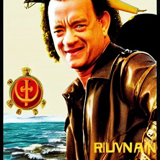 Prompt: a 8 0's movie poster with tom hanks as a pirate, the movie is called saving pirate ryan cinematic photo