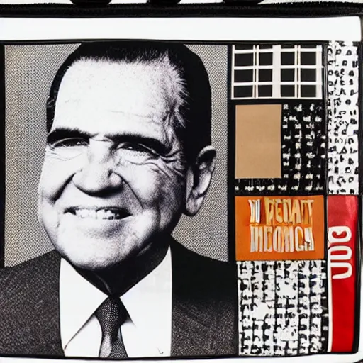 Prompt: designer purse with a dozen distinct detailed images of richard nixon!!! pattern on it, fashion design, high fashion, elle magazine, cosmopolitan, glossy product photo, crisp details, michael kors, givenchy, burberry