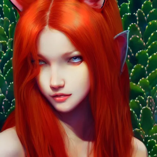 Image similar to Portrait of red-haired girl with fox ears and an evil grin in orange bikini holds a cactus cinematic lighting, intricate, elegant, highly detailed, digital painting, artstation, smooth, sharp focus, illustration, art by Yoshitaka Amano, artgerm