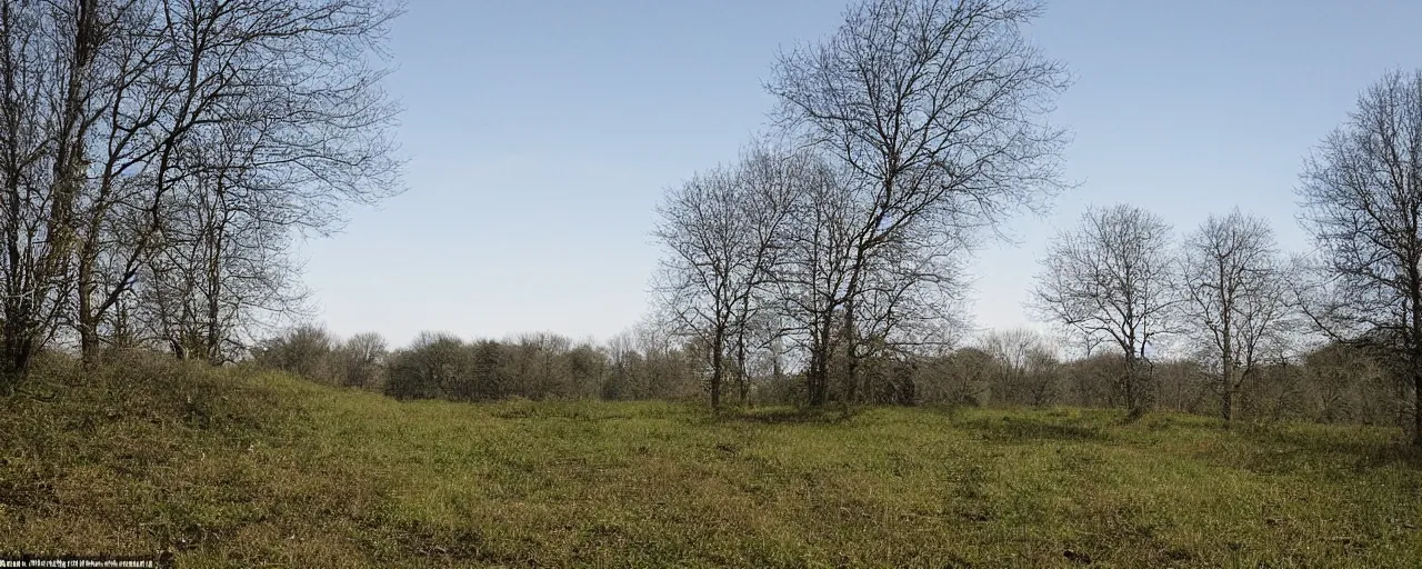 Image similar to at the dam there was a field, with a path running through it, and the sky was a pale blue with no clouds, and the trees stood silent in their verdure