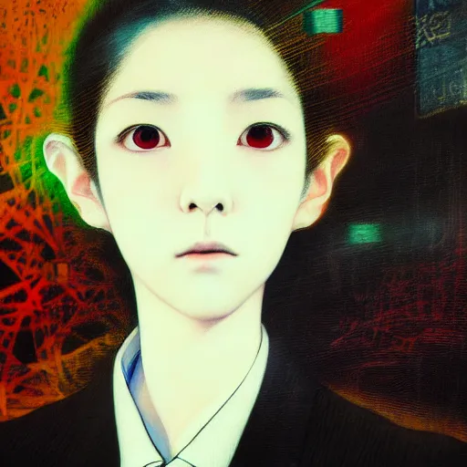 Image similar to yoshitaka amano blurred and dreamy realistic three quarter angle portrait of a young woman with short hair and black eyes wearing office suit with tie, junji ito abstract patterns in the background, satoshi kon anime, noisy film grain effect, highly detailed, renaissance oil painting, weird portrait angle, blurred lost edges