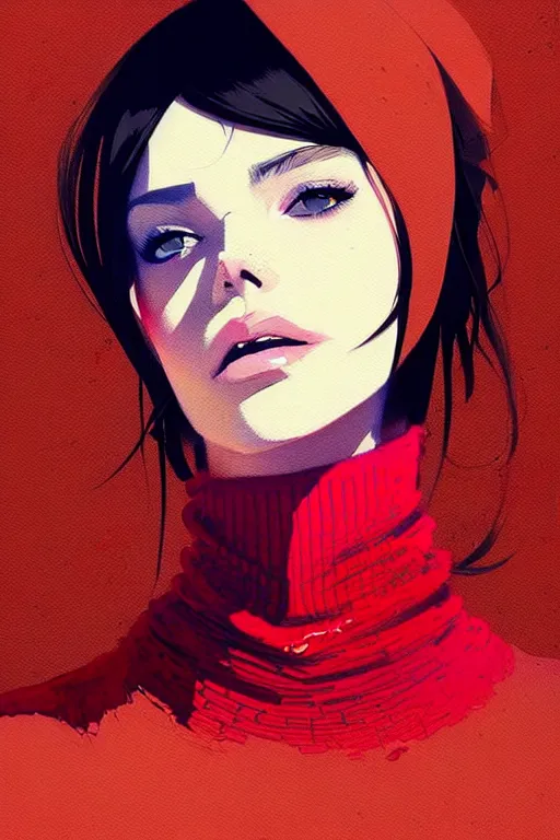 Image similar to a ultradetailed painting of a stylish woman wearing a turtleneck by conrad roset, greg rutkowski and makoto shinkai trending on artstation