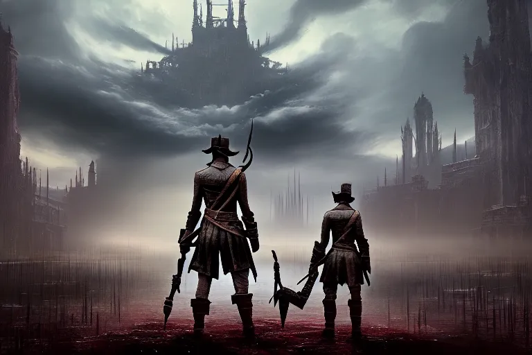 Prompt: an ultra matte landscape painting of the hunter from bloodborne teaming up with kratos, killing the great ones, epic fantasy, grimdark realism, cosmic horror, liminal space, ultrawide lens, intricate, highly detailed, digital painting, artstation, concept art, sharp focus, octane render, art by greg rutkowski and rembrandt, 8 k