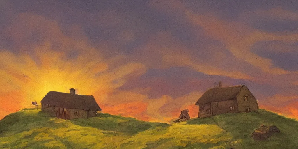 Prompt: a happy hill with a cottage on top, there is smoke coming out of the chimney of the cottage, two windows and a door on the front of the cottage, the sky is sunset, illustration, high detail