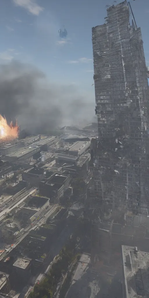 Prompt: explosion on the roof and the fall of the militech skyscraper, bottom viev, ultra realistic