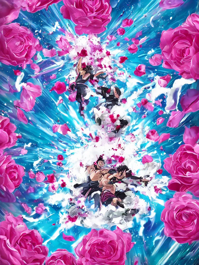 Image similar to hadoken force ball of white and pink roses, flowers exploding and splattering, blue sky, big puffy clouds, spraypaint, wildstyle, totem 2, exploding roses, hodouken, large rose petals, lotus petals, large triangular shapes, studio ghibli anime, radiant lighting, artgerm, manga, trending on artstation, art nouveau, mature colors