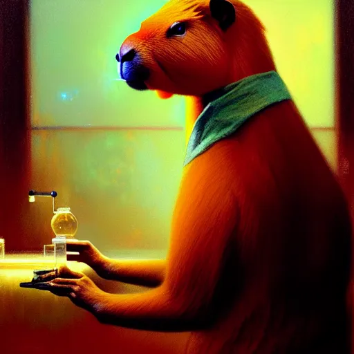 Prompt: portrait of a proud old capybara doctor working in a chemical lab, artwork by gaston bussiere, craig mullins, trending on artstation, capybara dressed as a scientist