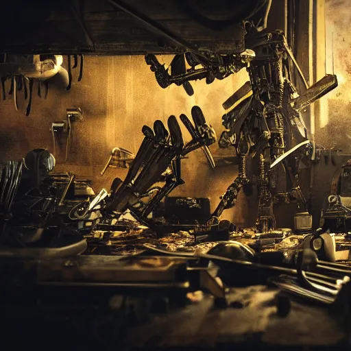 Image similar to cutlery mecha, dark messy smoke - filled cluttered workshop, dark, dramatic lighting, orange tint, cinematic, highly detailed, sci - fi, futuristic, movie still