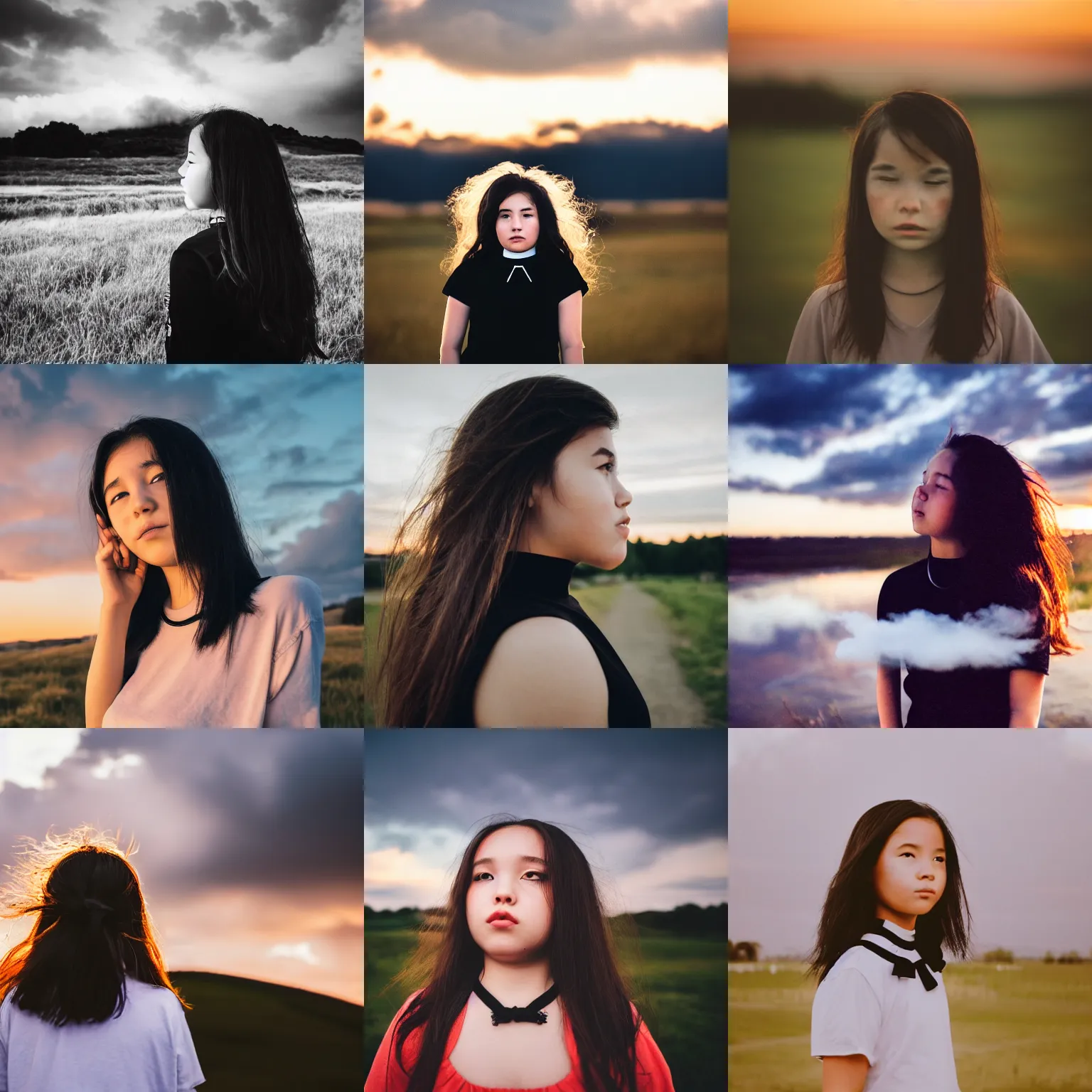 Prompt: a portrait photo of a cloud in front of a girls face, with short dark wavy hair, wearing a black choker and a black t - shirt, her face is hidden by clouds, sunset cloudy landscape in the background, professional photography 5 0 mm f 1