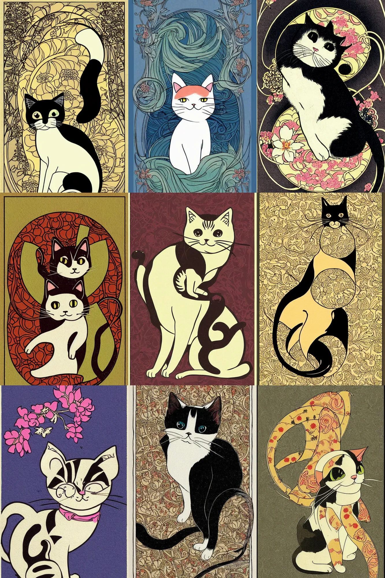 Prompt: Kawaii illustration of a cat, Art Nouveau, japanese