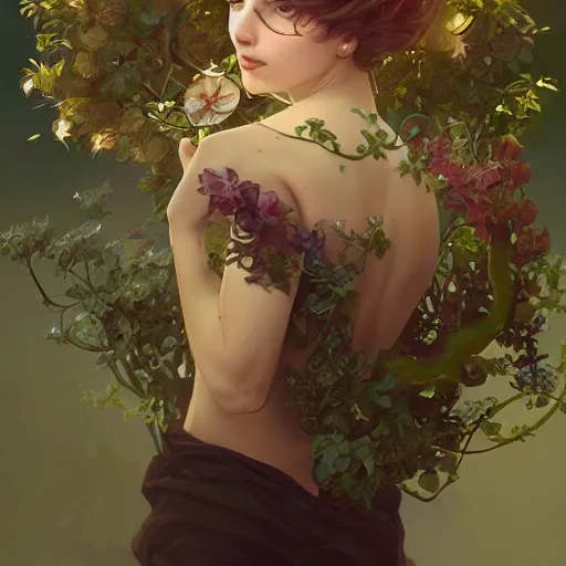 Image similar to A gorgeous young woman plant hybrid, vine and plants and flowers, intricate, digital painting, highly detailed, concept art, Artstation, Cgsociety, Artgerm, Alphonse Mucha, Wlop, cinematic lighting, sharp focus