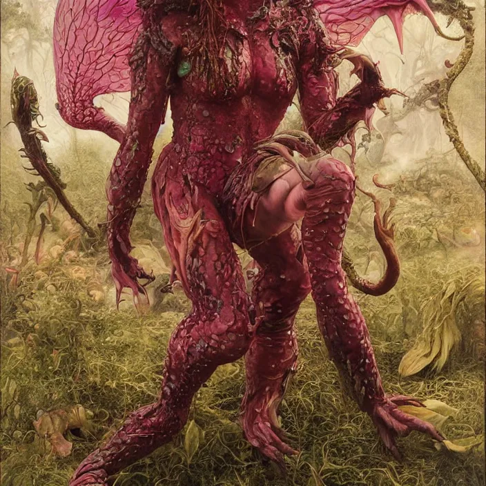 Image similar to a portrait photograph of sadie sink as a brightly colored elf reptile hybrid with wet mutated skin. wearing a catsuit many body modifications. by tom bagshaw, donato giancola, hans holbein, walton ford, gaston bussiere, brian froud, peter mohrbacher and magali villeneuve. 8 k, cgsociety