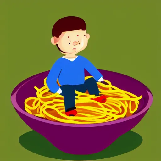 Image similar to A tiny man sitting in a bowl of spaghetti, digital art