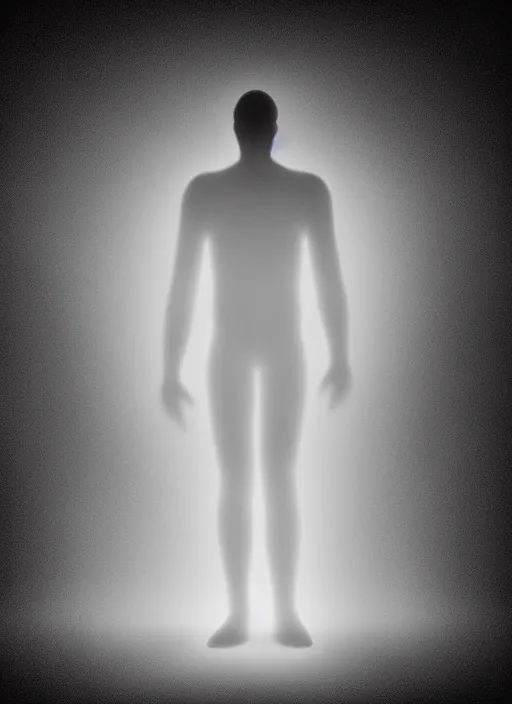 Image similar to fractal human silhouette, large diffused glowing aura, long exposure, film grain, cinematic lighting, field blur