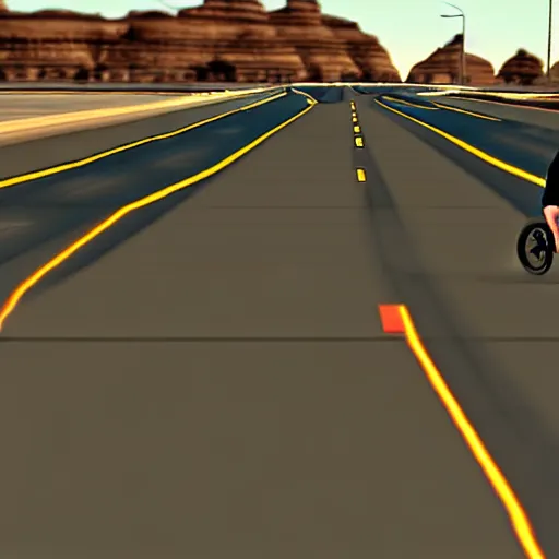 Prompt: Old woman in a wheelchair is chased by the police at very high speed. police cars in the background chasing the woman. texas desert. Dreamcast 3D video game. Third person game. Ingame Screenshot.