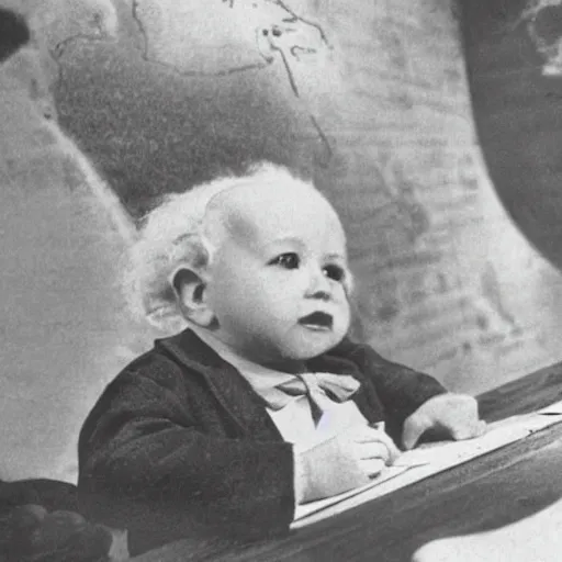 Image similar to Baby Albert Einstein making a crayon drawing of plans for a rocket