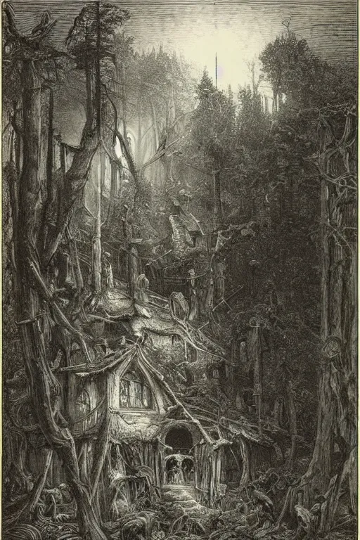 Image similar to a ramshackle multistory fairytale hut in the forest by Gustave Doré