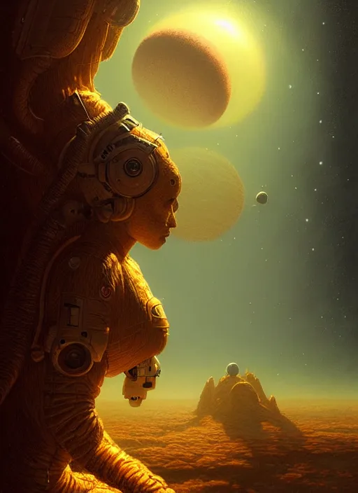 Image similar to extremely detailed, astronaut lush planet, full body, soft light, golden glow, diffuse lighting, fantasy, intricate, surrealism!!!!, highly detailed, lifelike, photorealistic, digital painting, artstation, illustration, concept art, smooth, sharp focus, by greg rutkowski, chris tulloch mccabe, valentina remenar and asher duran,