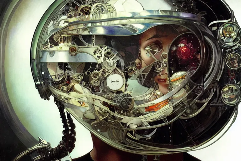 Image similar to portrait of a biomechanical head inside a futuristic space helmet, vintage transistors, white metal, iridescent visor, art by Ruan Jia and Alphonse Mucha,