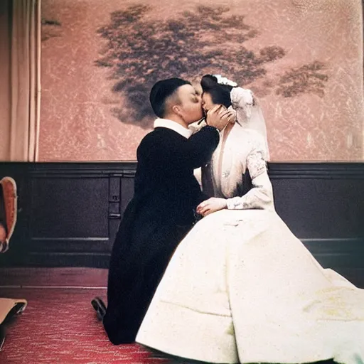 Prompt: An extreme long shot wide shot, colored black and white Russian and Japanese mix historical fantasy photographic portrait of a Royal wedding of the empress and the emperor share a tender kiss, golden hour, warm lighting, 1907 photo from the official wedding photographer for the royal wedding.