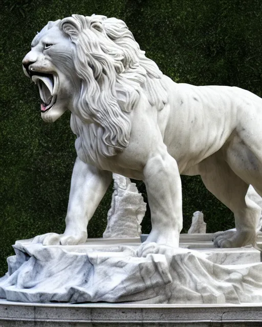 Image similar to a marble statue of a roaring lion, hyper realistic, 4 k, grainy marble, hyper detailed