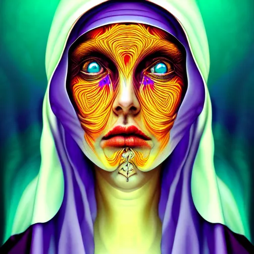 Prompt: ! dream an extremely psychedelic portrait of a nun, surreal, lsd, face, detailed, intricate, elegant, lithe, highly detailed, digital painting, artstation, concept art, smooth, sharp focus, illustration