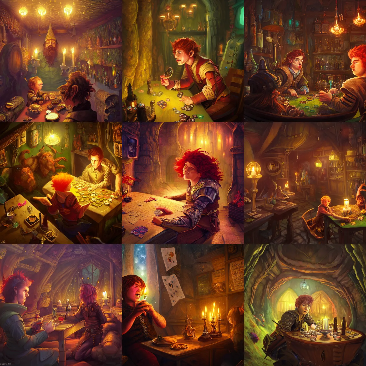 Prompt: 8k ultra high detailed illustration by Anato Finnstark of a 18 year old halfling male bard character from dungeons and dragons, rolling dice, gambling, red hair and freckles, ultra wide shot, green and brown clothes, crowded inn in the background, cozy candlelight, depth of field, multiple patrons drinking ale in the background