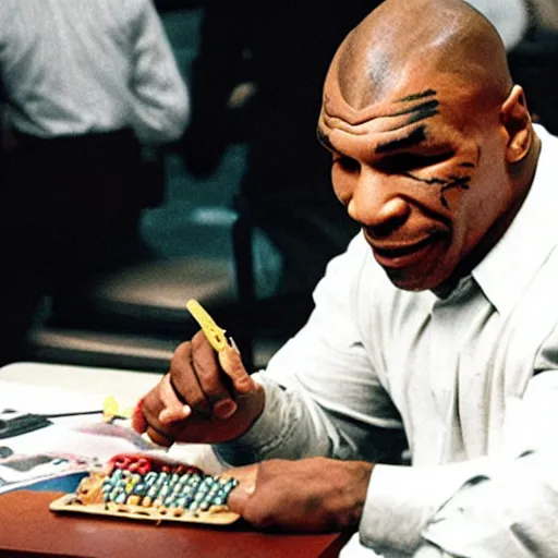 Prompt: Mike tyson sitting at a table in McDonald’s using an abacus to count