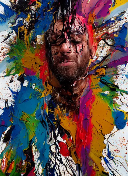 Image similar to abstract expressionist mid shot portrait of a man made of very thick impasto paint and acrylic pour and coloured powder explosion and splashing paint and dripping paint and flying paint chunks, eyes closed or not visible, expressing strong emotions, art by antony micallef, motion blur, hyperrealistic, intricate art photography, anatomically correct, realistic crisp textures, 1 6 k