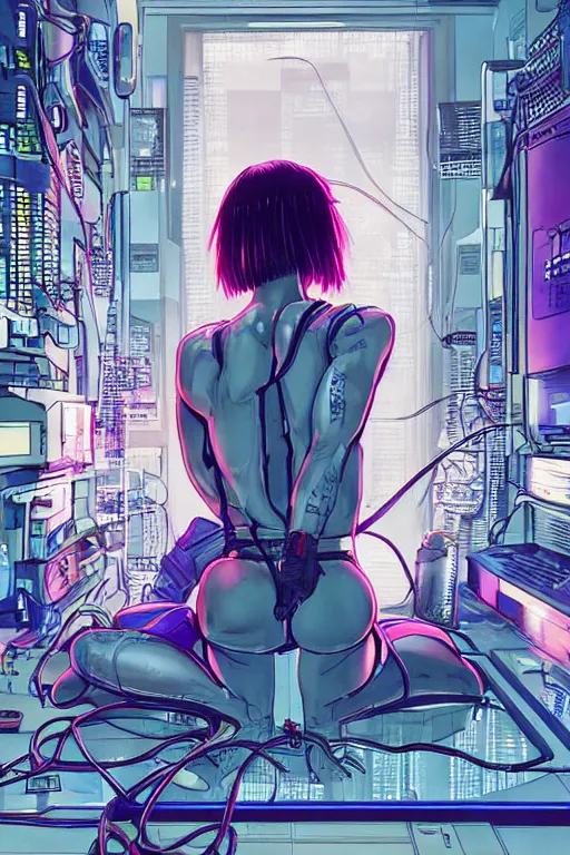 Image similar to hypedetailed cyberpunk illustration of motoko kusanagi seated on her knees in a tech lab, with wires and cables coming out of her head and back, by masamune shirow and katsuhiro otomo, colorful, complex, back view