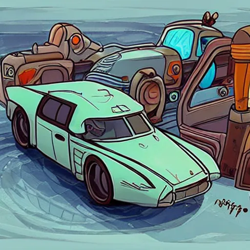 Image similar to deponia art style retrofuturism car concept