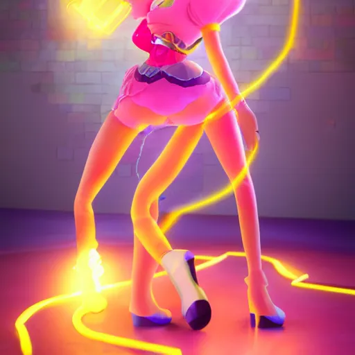 Image similar to Princess peach mixed with jinx from league of legends, background with neon lighting, raytrayced, octane render, smoke at the bottom, hyperrealist, by Joe Benitez, WLOP, Alessandro Barbucci, Barbara Canepa