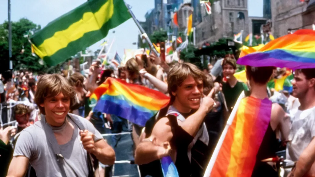 Image similar to rotj luke skywalker goes to pride, getty images, victorious, flags, parade, gay rights, bright smiles, daylight, twenty three year old luke skywalker at gay pride, 3 5 mm photography, very happy, smiling