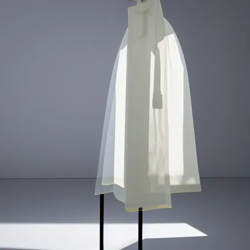 Image similar to an ultra high definition professional studio quality photograph of a transparent iridescent perspex pastel coloured raincoat on white coat hook in an empty white room. dramatic lighting, ray tracing, refraction, shallow d. o. f, colour corrected, golden ratio, three point light. volumetric shadows. god rays.