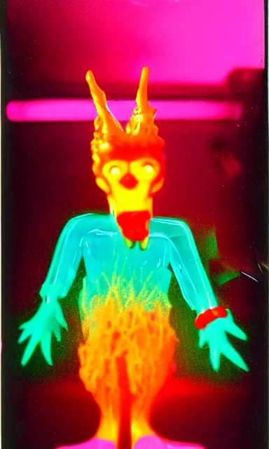 Image similar to colorful crystal gary busey creature, 9 0 s toy commercial, photo from the 7 0 s, horror lighting, neon lighting, polaroid photo,