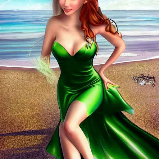 Image similar to beautiful tinkerbell in a skintight green satin prom dress on the beach drawn by artgerm