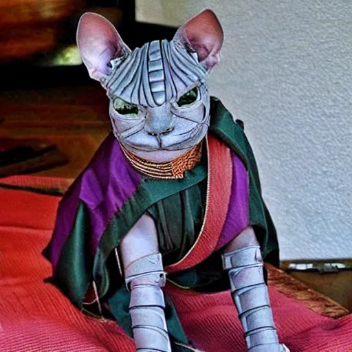 Image similar to samurai armor worn by hairless sphynx cat